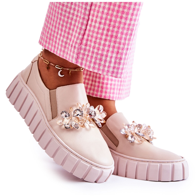 PA2 Pantofi Slip-On De Damă De Piele Cu Decor Bej Mirana