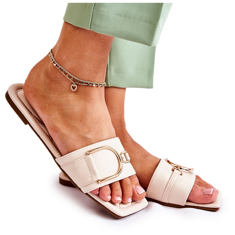 PG2 Papuci De Damă Clasici De Piele Cu Decor Bej Shilla de aur