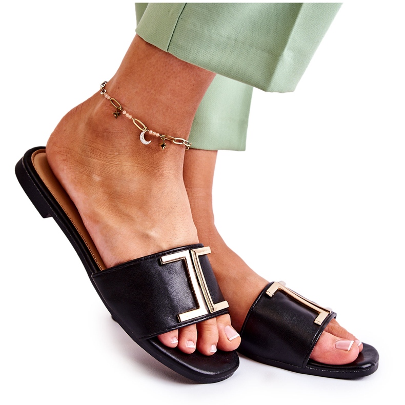 PG1 Papuci Clasici De Damă De Piele Cu Ornament Maren Negru