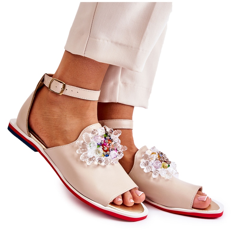 PA2 Sandale De Damă Piele Cu Decor Bej Nevassa