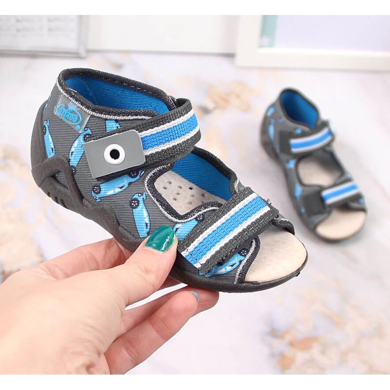 Papuci pentru băieți cu velcro cu Befado gri și albastru