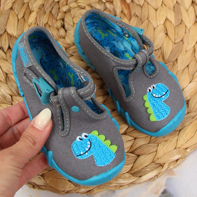 Papuci pentru băieți cu cataramă cu dinozaur Befado gri