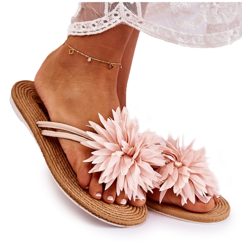 WJ1 Șlapi de damă cu ornament din țesătură Eviana roz deschis