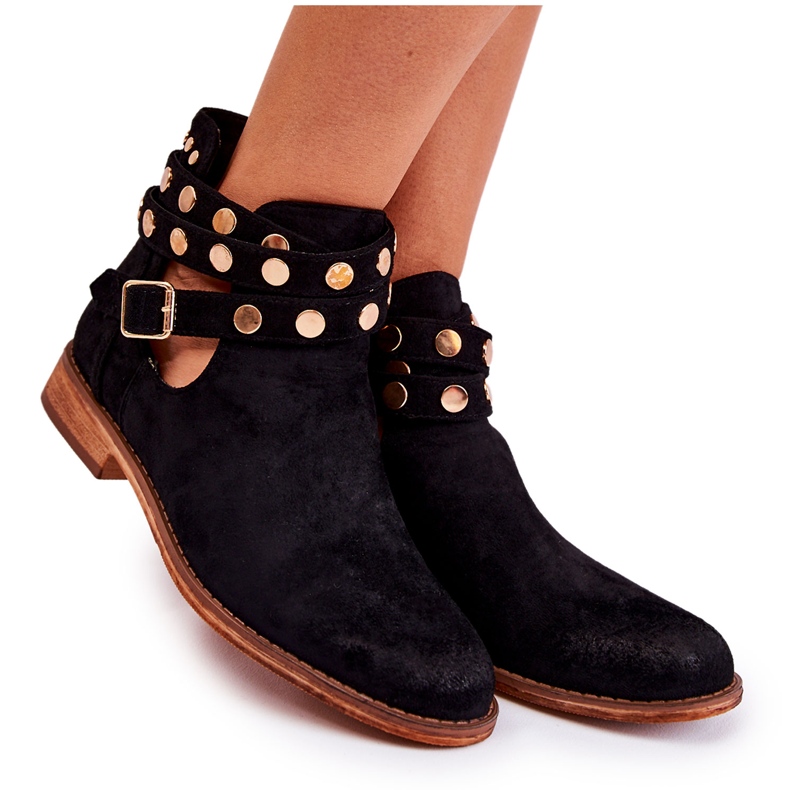 WS1 Cizme de dama cu jeturi pe toc plat Black Larino negru