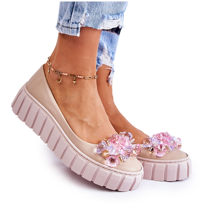 PA2 Balerini De Piele Pe O Platformă Cu Decorație Ladette De culoare Bej