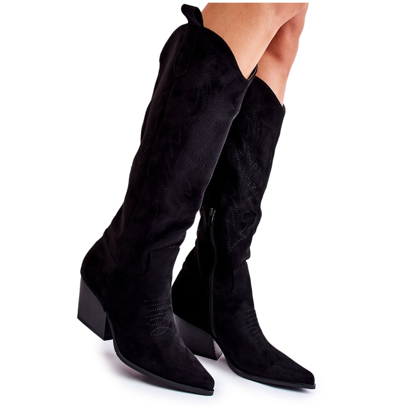 WJ2 Cizme de cowboy negre Beverly din piele intoarsa cu cusaturi negru
