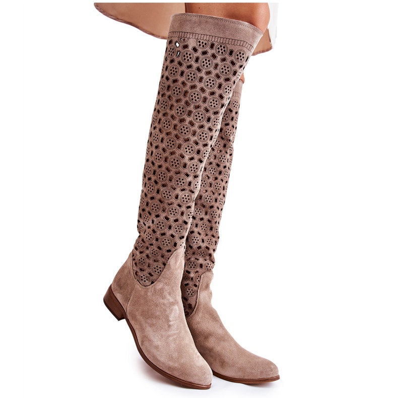 PA2 Cizme din piele intoarsa cu model ajurat Pointe Bej Inchis