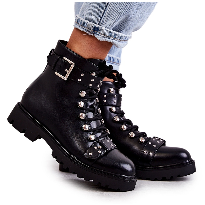 PG1 Cizme negre Sabine din piele ecologica cu curea decorativa negru