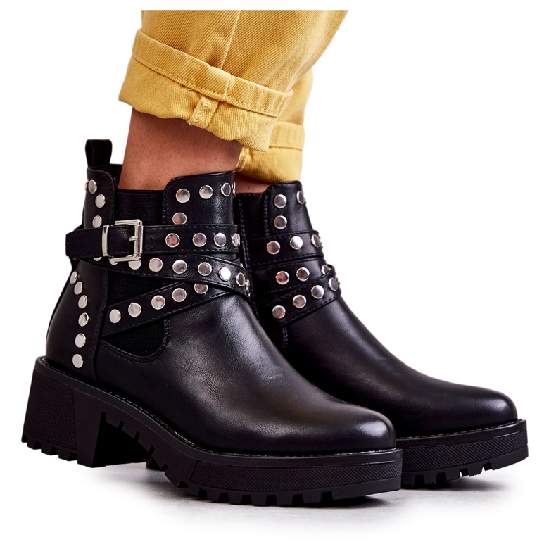 PG1 Ghete De Damă Piele Cu Știfturi Decorative Negru Sanchez