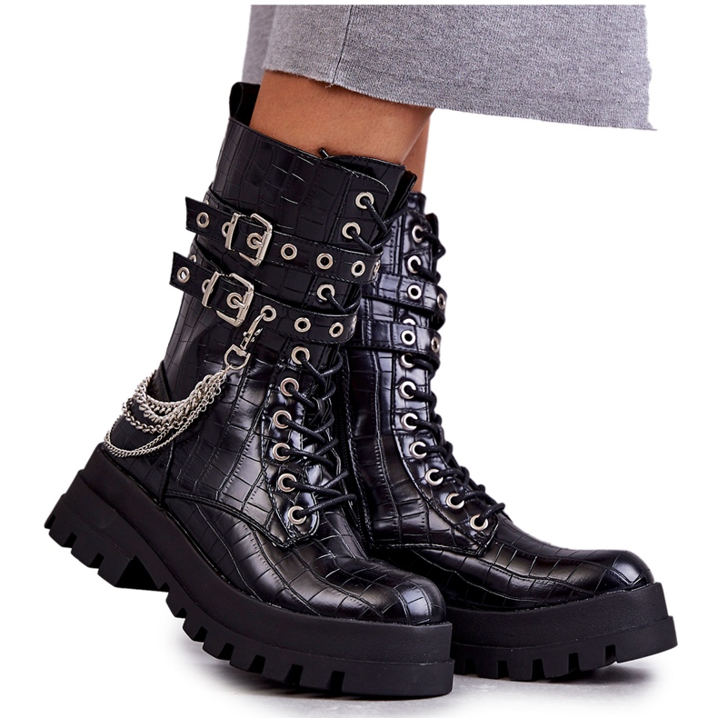 PG1 Cizme de muncitori înalte cu lanț, șarpe negru Montero