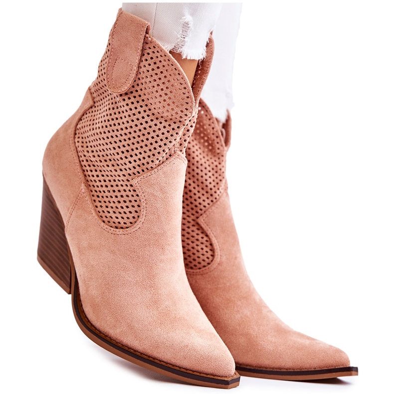 Cizme ajurate dama din piele intoarsa cowboy roz Eleonore bej