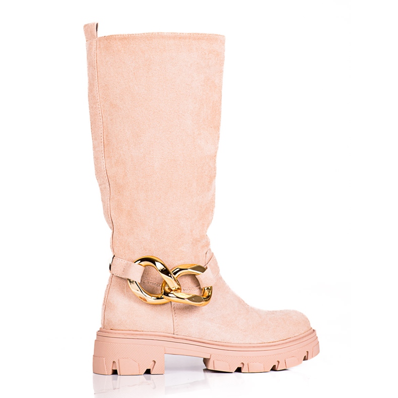 Cizme de dama bej cu lant Shelovet din piele intoarsa ecologica