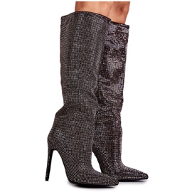 FS1 Cizme Negre La Moda Pe Toc Inalt Cu Zirconiu Cubic Lovisa negru argint