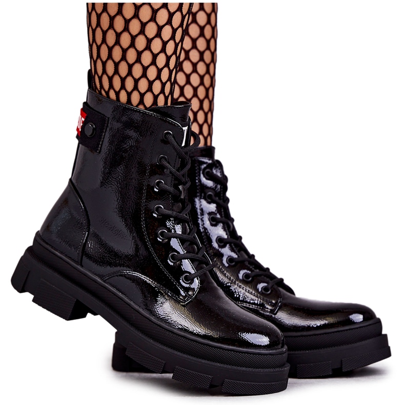 S.Barski Cizme lăcuite de damă cu șireturi Workers Black Conny negru