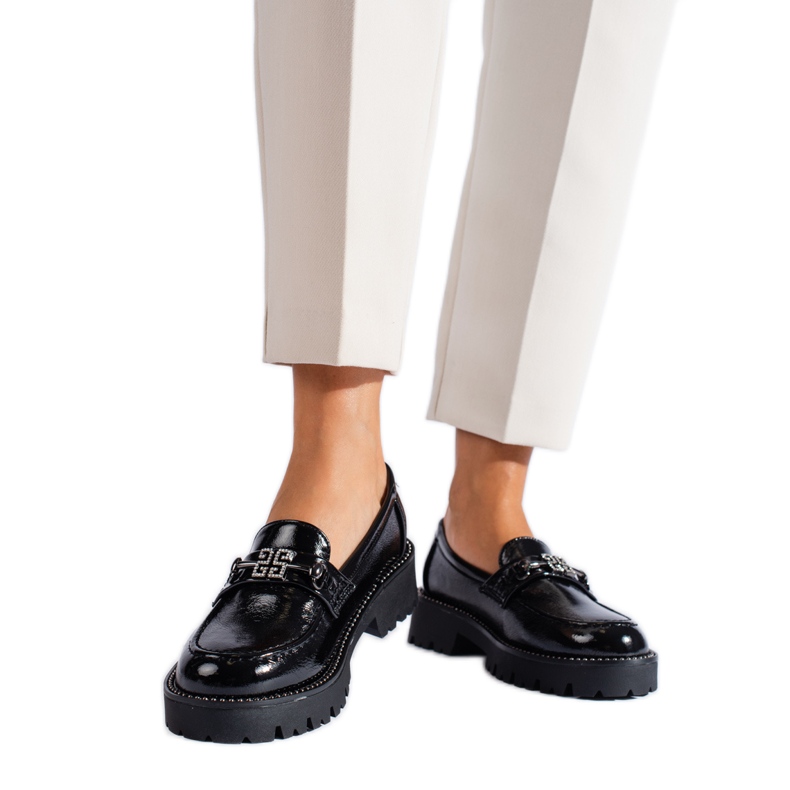 Mocasini de damă lăcuți pe talpă groasă Shelovet neagră negru