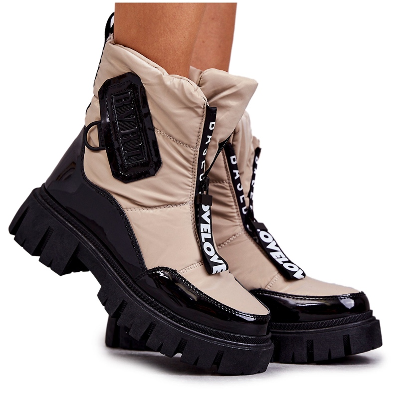 PM1 Cizme De Zăpadă De Damă Bej și Negru Cu Fermoar Marit