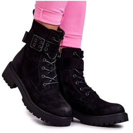 Cizme de damă din piele intoarsa cu siret, cu toc plat, Firmina neagra negru