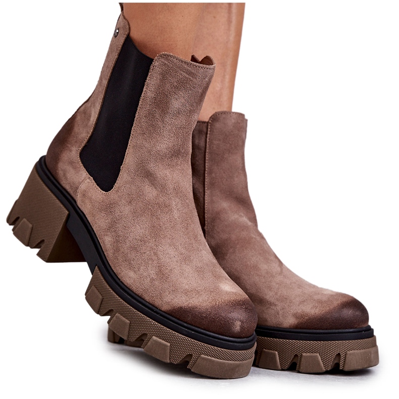 Cizme de damă cu platformă din piele intoarsa Bej Hilde maro