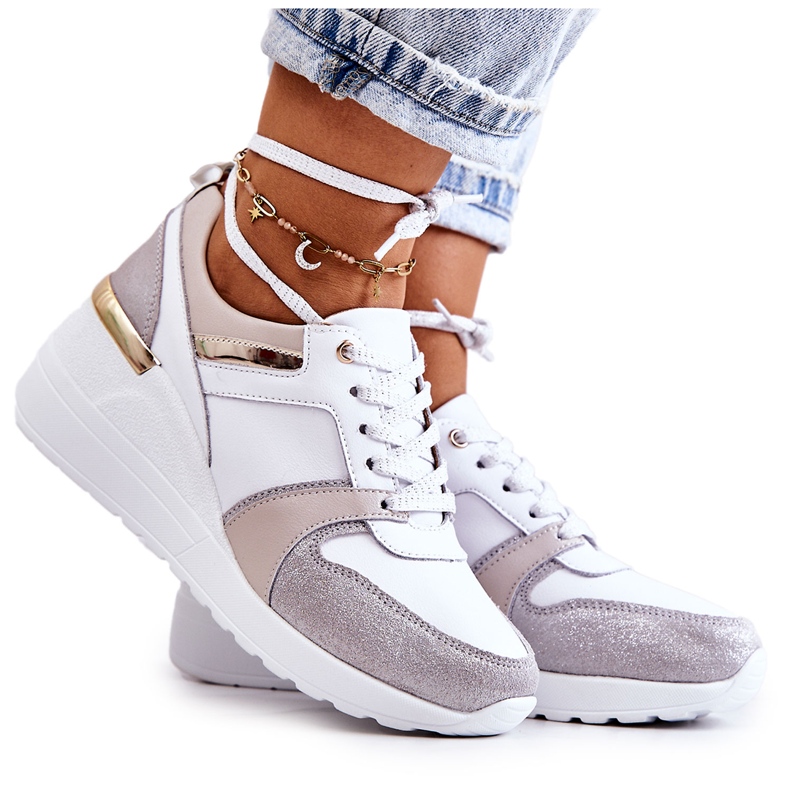 S.Barski Pantofi sport din piele pe o pană Rayana albă și gri