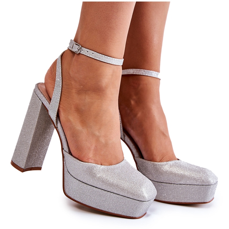 Sandale de damă cu sclipici pe toc Silver Rosel argint