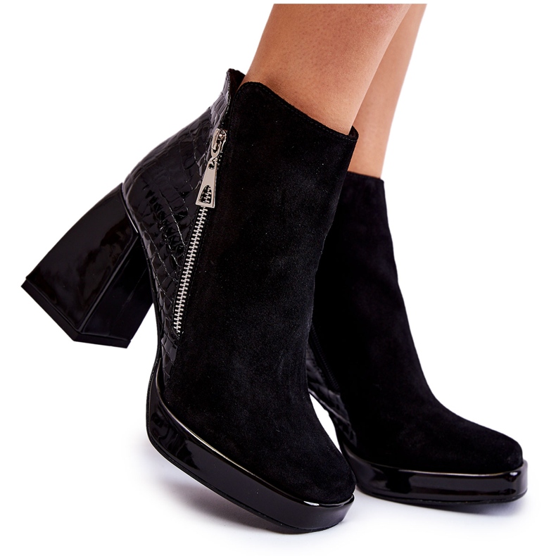 Cizme din piele intoarsa Pe Toc Motiv Geometric Negru Alienore