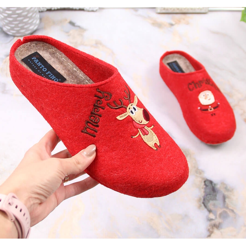 Papuci comozi de damă cu ren și om de zăpadă Panto Fino KK267037 roșu