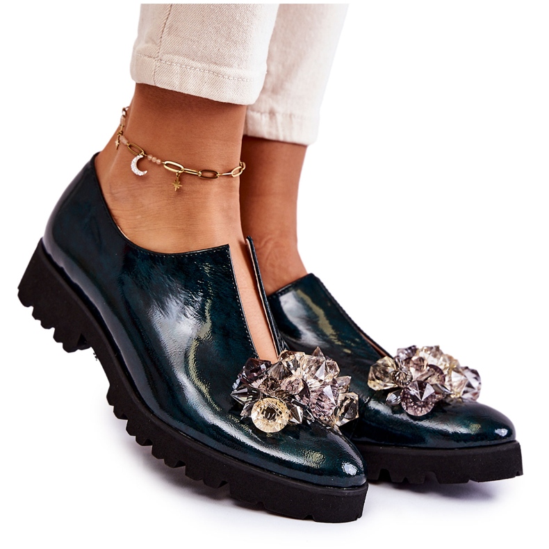 Pantofi Eleganti Lacuiti Cu Decorat Cindy Verde Inchis