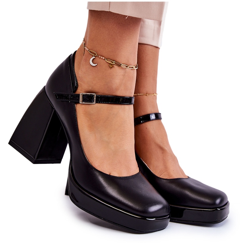 PA2 Pompi din piele pe tocuri groase Tina neagra negru