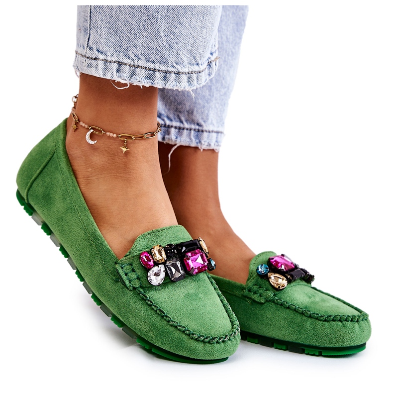 PS1 Mocasini de dama din piele intoarsa cu decoratiuni Janetta verzi verde