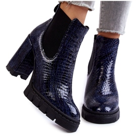 Botine patentate cu model de sarpe pe toc inalt, bleumarin albastru
