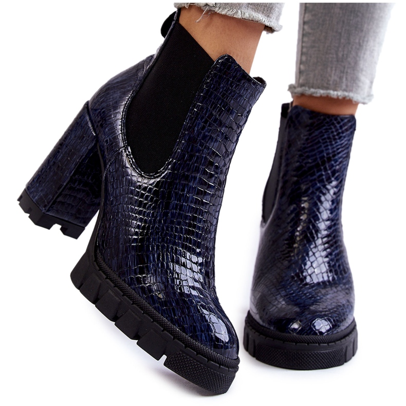 Botine patentate cu model de sarpe pe toc inalt, bleumarin albastru