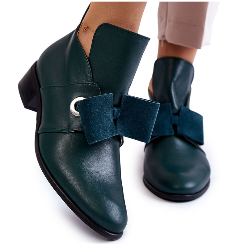 Pantofi din piele cu fundita de piele intoarsa, verde