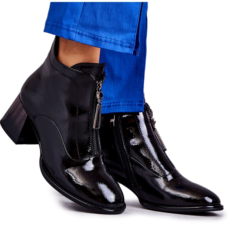 S.Barski Botine De Dama Cu Fermoare, Piele Laceata, Neagra negru
