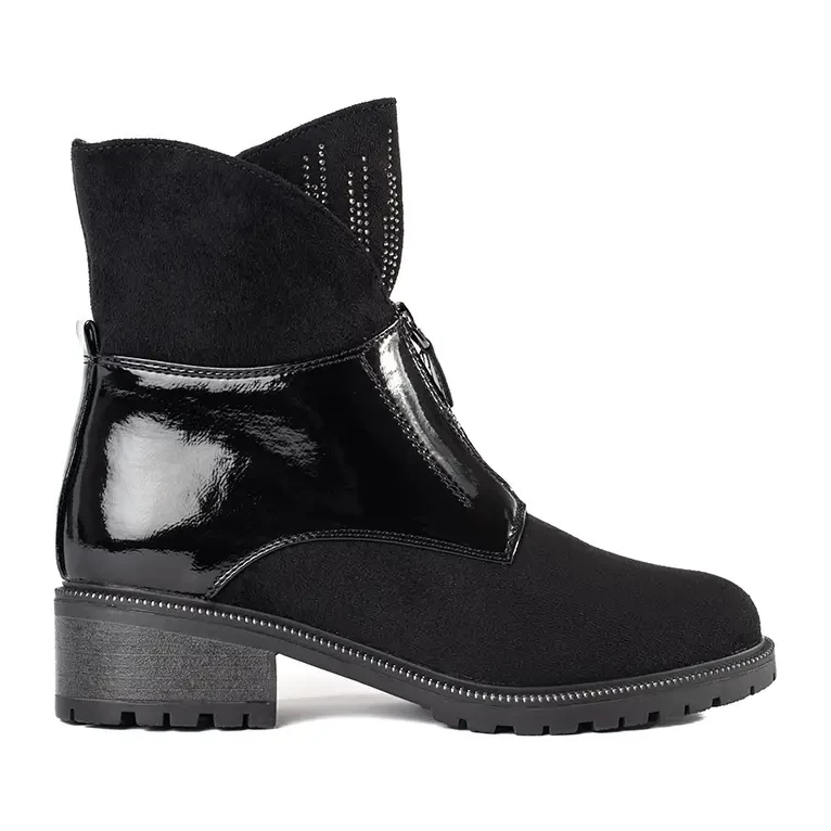 Botine de dama din piele intoarsa neagra cu cristale negru