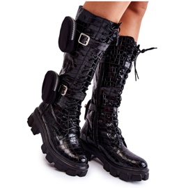 Joia Cizme pentru femei Trappers cu genți de mână Negru cu imprimeu animal militar Joia Cizme pentru femei Trappers cu genți de mână Negru cu imprimeu animal militar