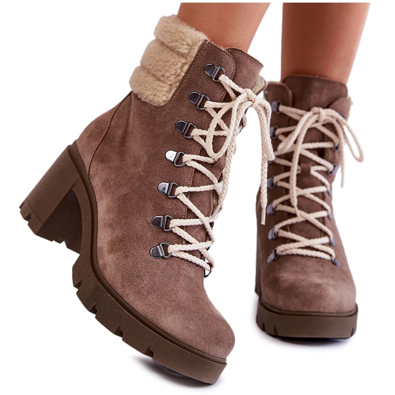 Cizme cu șireturi din piele intoarsa de dama, cu toc, maro Fenya