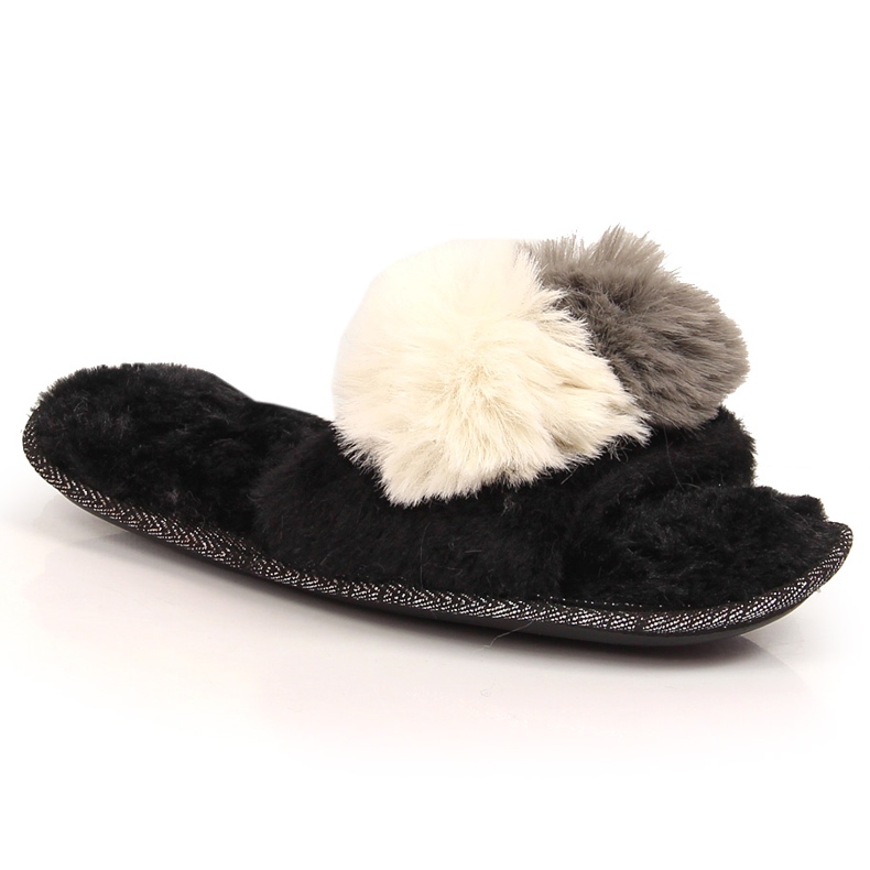BM Papuci de dama blanita cu pompoane negri Stella negru