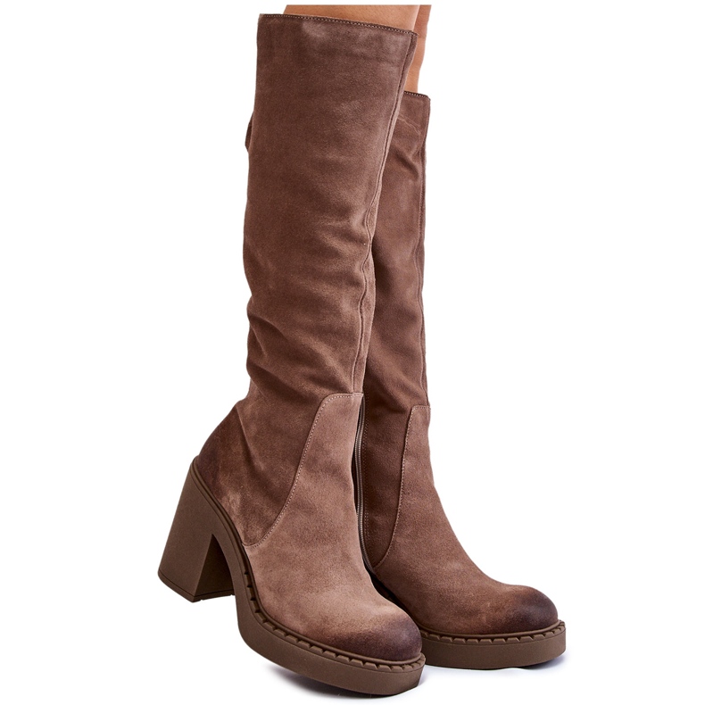 PL5 Cizme de damă din piele intoarsa cu toc gros Valeris maro deschis bej
