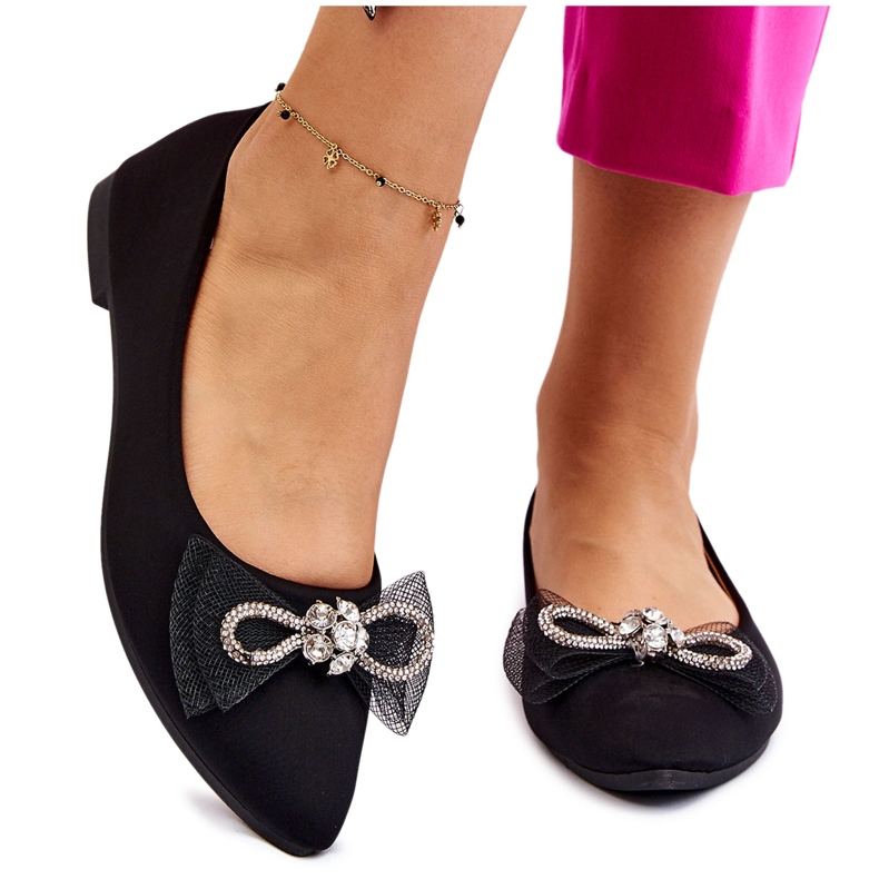 PS1 Balerini ascuțiți de damă, cu fundă decorativă, negru, luminos
