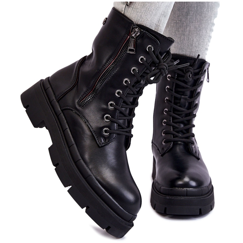 PG1 Cizme Trapper de damă din piele cu șireturi, negru Shanna