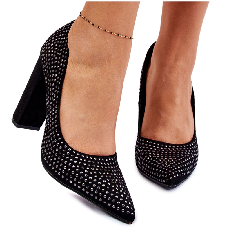 Pompe din piele intoarsa cu crampoane decorative Black Dories negru