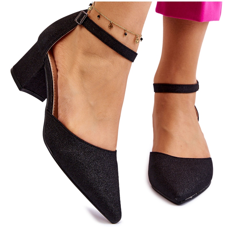 PG1 Pompe la modă, strălucitoare, cu toc mic, Leilany negru