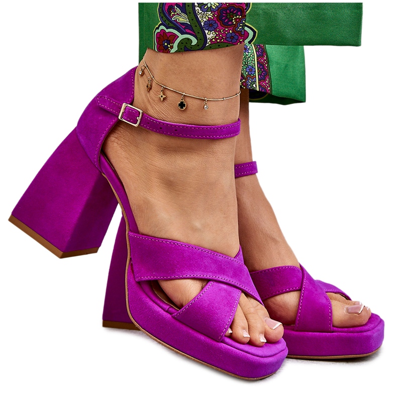 Lewski Shoes Sandale de damă din piele intoarsa cu toc inalt Pantofi Leski 3221 fucsia roz