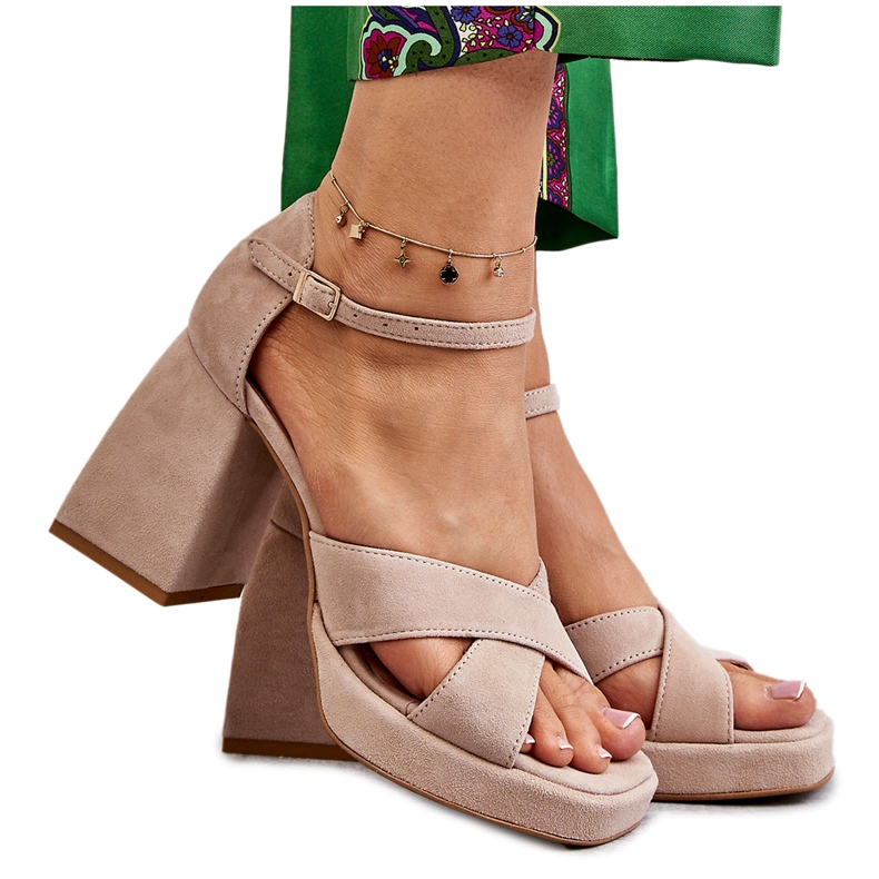 Lewski Shoes Sandale De Damă De piele intoarsa Cu Toc Pantofi Stânga 3221 Bej maro