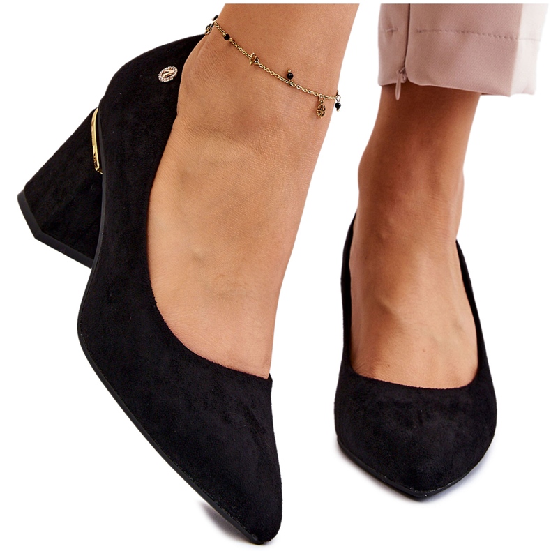 PS1 Pompe clasice din piele intoarsa cu toc inalt cu decor negru Derren