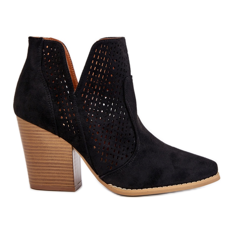 PM1 Cizme de dama pe toc inalt piele intoarsa ajurata nuante negre negru