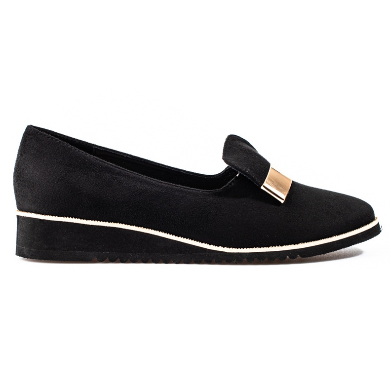 Pantofi de dama usori Shelovet cu decor auriu din piele intoarsa negru