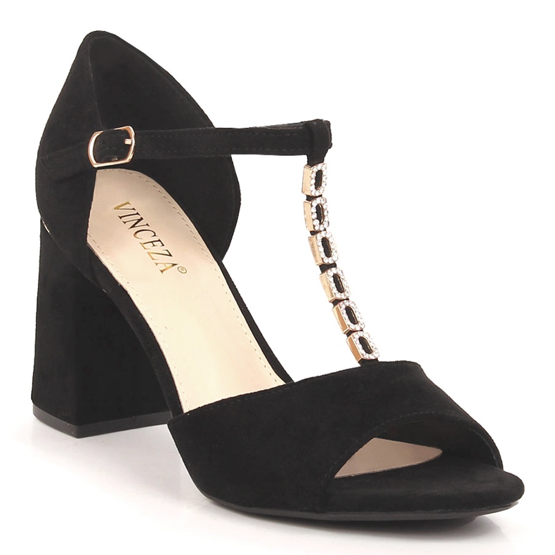 Sandale de damă din piele intoarsa neagra pe un post cu zirconi Vinceza 20195 negru