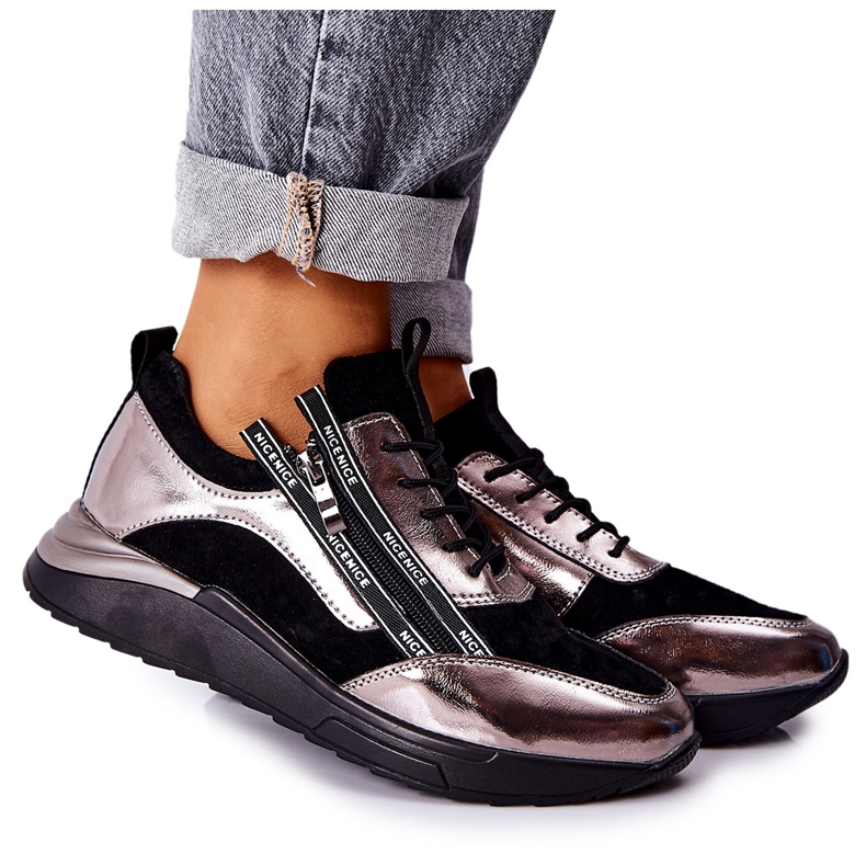 POTOCKI Pantofi sport din piele metalic negru și argintiu