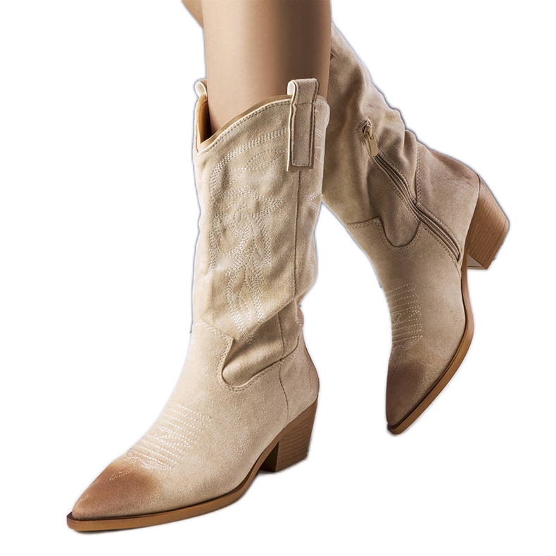 PA1 Cizme de cowboy bej din piele intoarsa artificiala de la Routhier